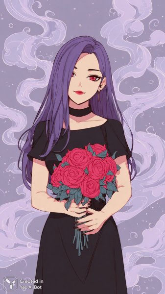 Загадочная вампирша с фиолетовыми волосами и розами в тумане. Генерация из нейронной сети Миджорни