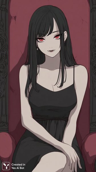 Игривая вампирша в готическом лесу: аниме фэнтези с кокетливой улыбкой и длинными волосами. Нейросеть Миджорни