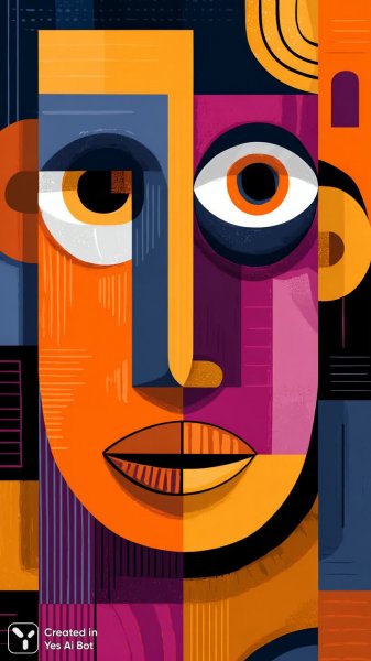 Яркий портрет в стиле кубизма с разделенным лицом и геометрией. Изображение из нейронной сети Midjourney