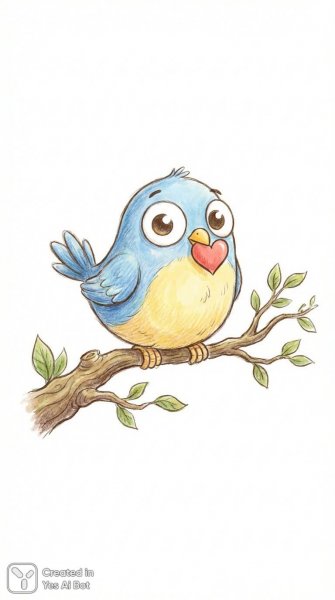 Птица с любопытными глазами и красное сердечко в клюве. Картинка из нейросети Нано Банана