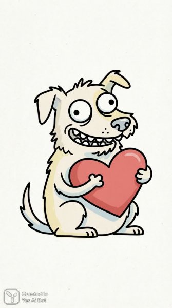 Забавный щенок с большими глазами и красным сердцем в пасти. Изображение из нейросети Nano Banana