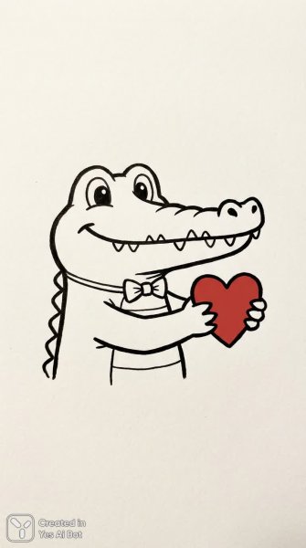 Забавный крокодил с сердцем: милый минимализм в черно-белом стиле. Картинка из нейросети NanoBanana