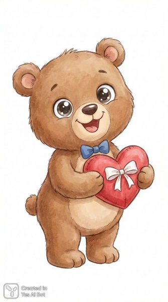 Милый медвежонок с сердцем: иллюстрация в мультяшном стиле на белом фоне. Генерация из нейросети Nano Banana