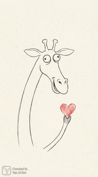 Забавный жираф с большими глазами и красным сердцем во рту. Картинка из нейросети Nano-Banana