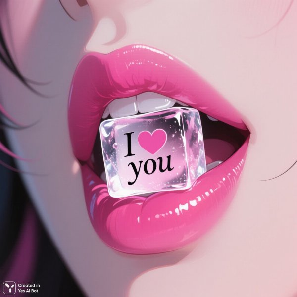 Нежная страсть: лед с признанием в любви на губах красавицы. Картинка из нейронной сети Qwen Image