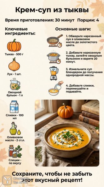 Нежный крем-суп из тыквы: простой рецепт приготовления за полчаса для всей семьи. Генерация из нейросети Nano Banana