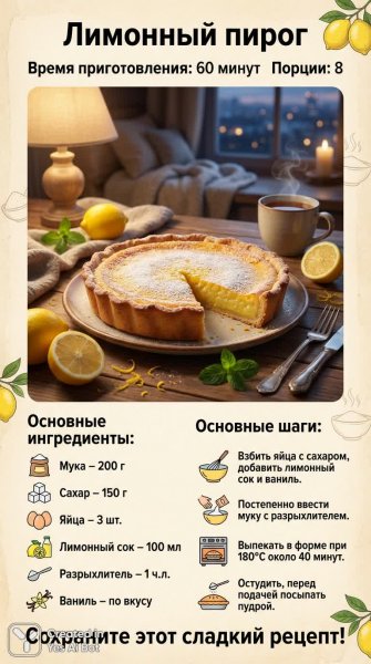 Лимонный пирог: простой рецепт для домашнего уюта и восхитительного чаепития. Нейросеть NanoBanana