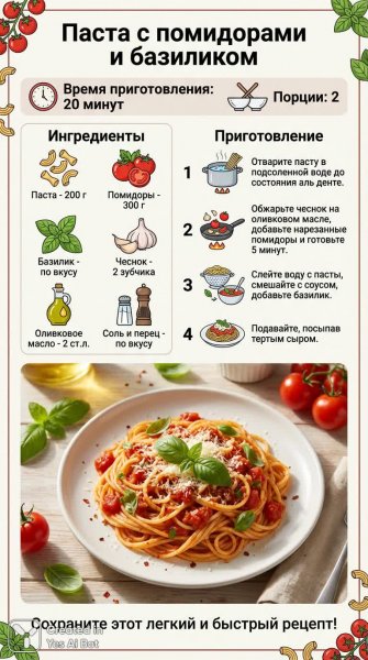 Быстрый ужин: паста с томатами и ароматным базиликом – простой рецепт для всей семьи. Изображение из нейронной сети Нано Банана