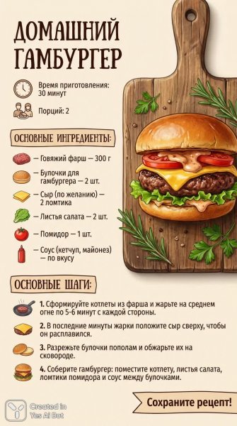 Быстрый и вкусный гамбургер: рецепт приготовления дома за полчаса. Изображение из нейросети NanoBanana