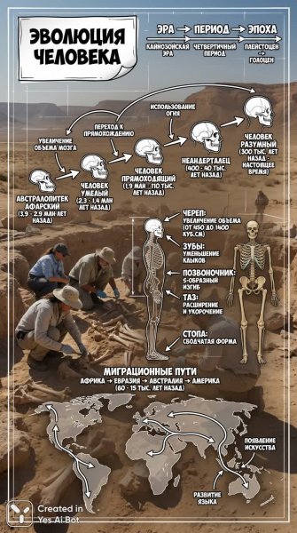 Эволюция человека: Подробная схема развития и анатомических изменений. Изображение из нейронной сети Нано Банана