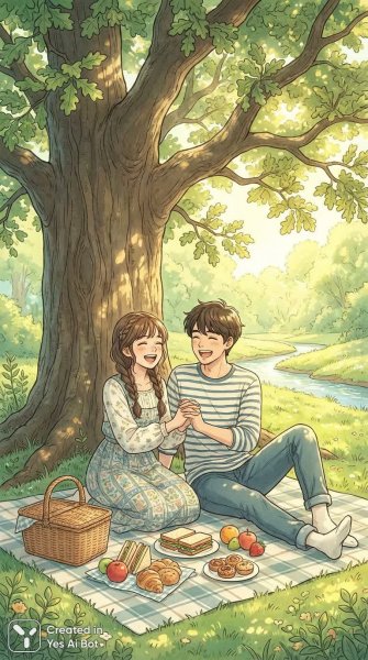 Романтичный пикник под сенью деревьев: любовь и радость в объятиях природы. Изображение из нейронной сети NanoBanana