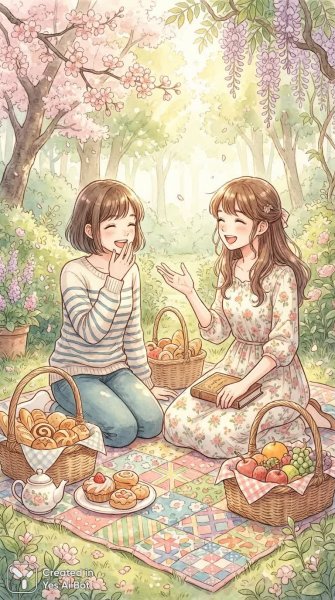 Друзья вместе: пикник в солнечном саду, радость и вкусные угощения. Генерация из нейронной сети Nano-Banana