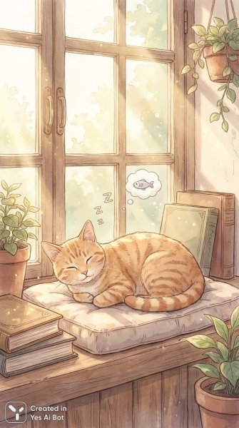 Солнечный дневной сон кота на подоконнике: уют и безмятежность. Генерация из нейронной сети Nano Banana