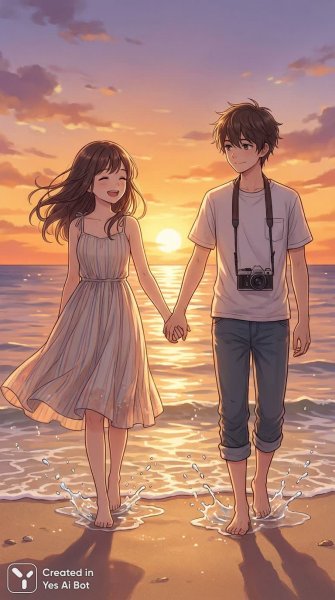 Романтика на закате: прогулка по пляжу для двоих в объятиях счастья и безмятежности. Изображение из нейросети Nano Banana
