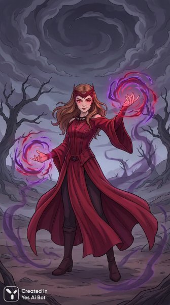 Алая ведьма: Темная магия в безжизненной пустыне и пленительные тени вокруг. Картинка из нейросети Нано Банана