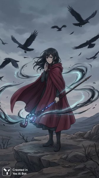 Таинственная волшебница в бушующем пейзаже: сила и решимость перед хаосом. Изображение из нейронной сети Нано Банана