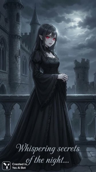 Ночная тайна: вампирша в замке под лунным светом и мрачным очарованием. Картинка из нейросети NanoBanana