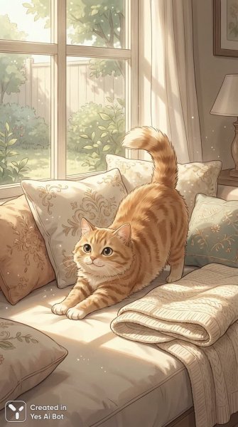 Котик в солнечных лучах: уютное послеполуденное блаженство и расслабленный взгляд на мир. Нейронная сеть NanoBanana