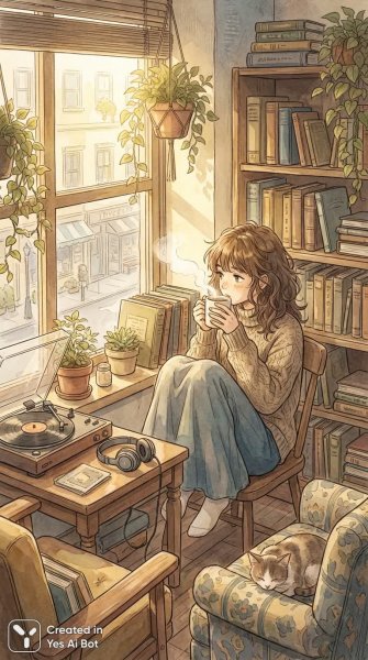 Уютное кафе: кофе, мысли и солнечный свет за окном. Картинка из нейросети Nano-Banana