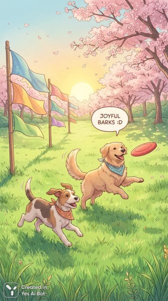 Весёлые собаки играют в парке с фрисби под ярким солнцем. Генерация из нейронной сети NanoBanana