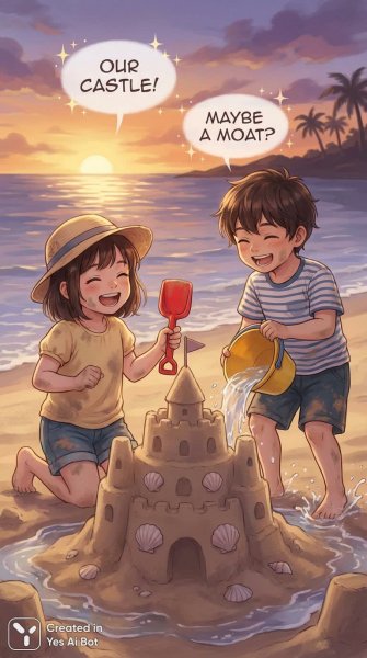 Летний день: строительство замка из песка и беззаботное детское счастье. Нейронная сеть NanoBanana