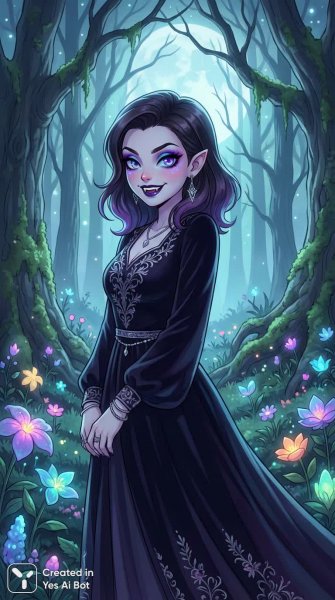 Вампирша в волшебном лесу: кокетство с опасностью и лунный свет. Генерация из нейронной сети Nano-Banana