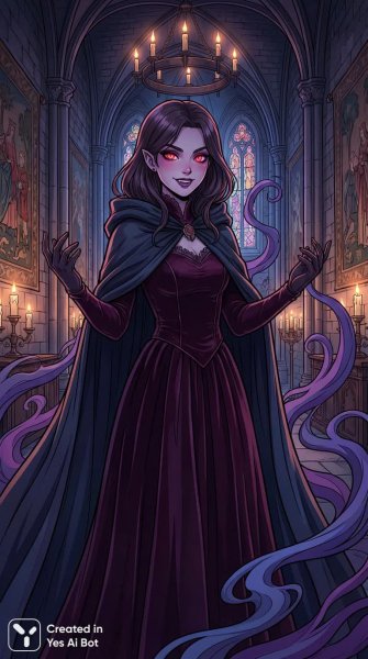 Загадочная вампирша в заколдованном замке: пленительный взгляд и чары ночи. Генерация из нейросети Nano-Banana
