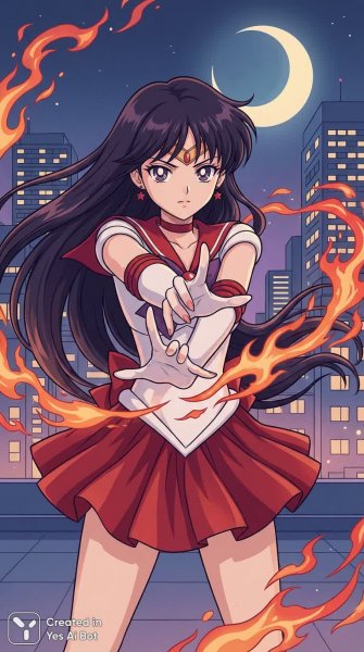 Воительница в пламени: Ярость Sailor Mars в лунном городе. Изображение из нейронной сети NanoBanana