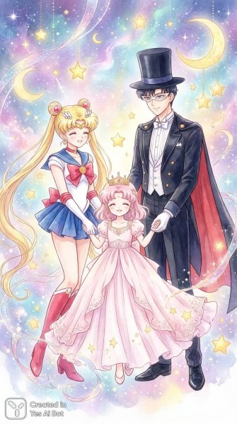 Волшебная любовь и защита: Саюри и Маско в стиле Сейлор Мун. Картинка из нейросети NanoBanana