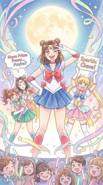 Волшебная лунная ночь: веселые приключения в стиле Сейлор Мун!. Генерация из нейросети Нано Банана