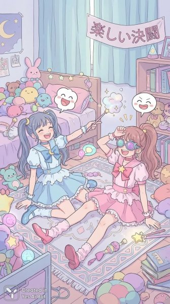 Веселый поединок волшебниц: дружба, смех и задорные заклинания. Картинка из нейросети Nano Banana