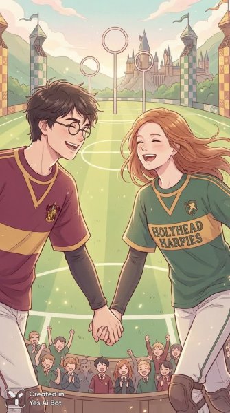 Гарри и Джинни: юность, любовь и триумф на поле квиддича Хогвартса. Нейронная сеть NanoBanana