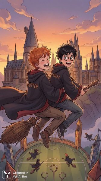 Друзья-волшебники: захватывающий полет над Хогвартсом в лучах заката и дух игры. Картинка из нейронной сети Nano Banana