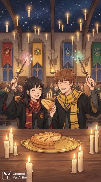 Волшебство дружбы в зале Хогвартс: радость и магия среди плавучих свечей и флагов факультетов. Изображение из нейросети Nano Banana