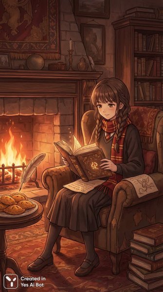 Уютный вечер в гостиной Гриффиндора: магия, книги и вдохновение. Нейросеть Нано Банана