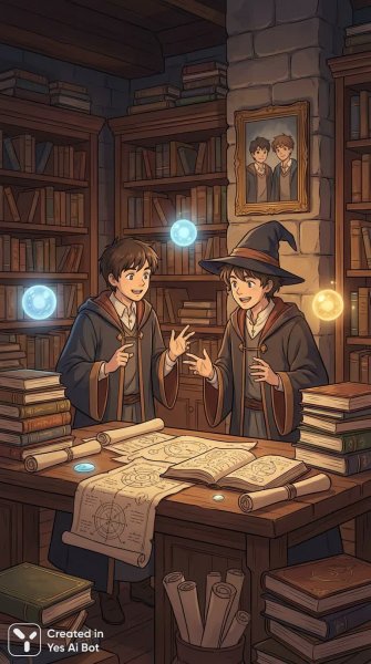 Ночь знаний и волшебной дружбы двух магов в древней библиотеке. Картинка из нейронной сети Нано Банана