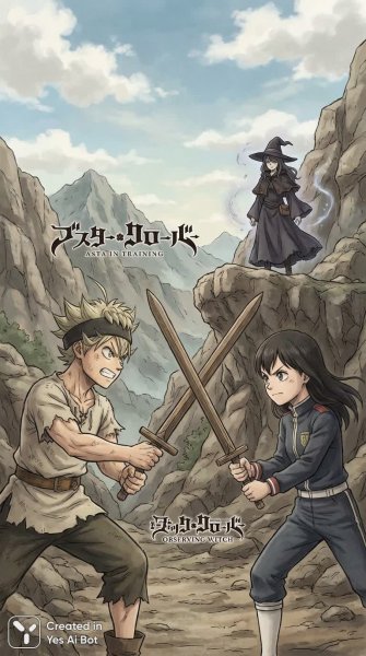 Аста и его соперник: интенсивная тренировка в горах, полная дружбы и стремления к вершине. Генерация из нейронной сети NanoBanana