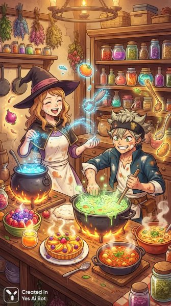Аста и ведьма: кулинарные приключения дружбы и волшебных ингредиентов в уютном доме. Изображение из нейронной сети NanoBanana