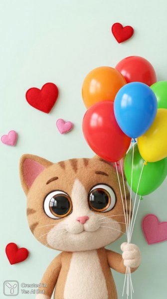 Милый котик с воздушными шарами и сердечками. Картинка из нейросети Nano Banana