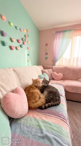 Милые котики в объятиях: нежность и игривость в пастельных тонах. Нейросеть Nano Banana