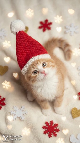 Милый котенок в новогодней шапке Санты среди снежинок и сердец. Нейросеть Nano-Banana