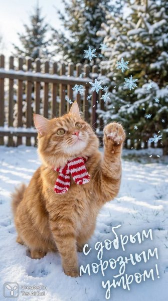 Игривый рыжий кот в снежном утреннем пейзаже с шарфом. Изображение из нейронной сети Nano Banana