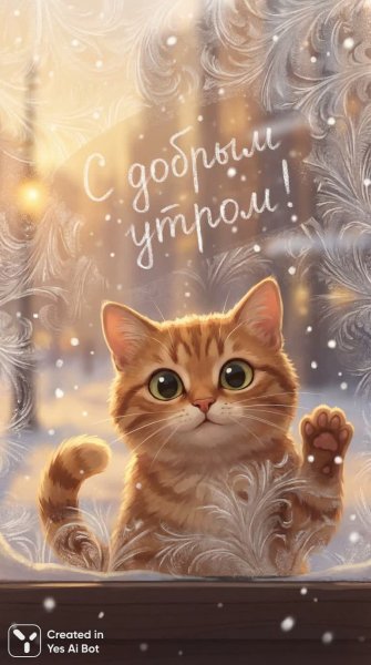 Уютное утро с рыжим котом и зимней сказкой за окном. Картинка из нейросети NanoBanana