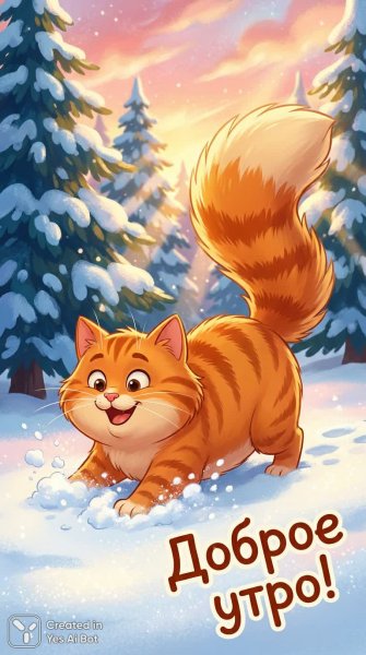 Раннее утро рыжего кота в заснеженном парке с ярким солнечным светом и добрым настроением!. Изображение из нейронной сети Нано Банана