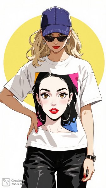 Яркий образ модной модели в стиле поп-арт с выразительными глазами и смелым дизайном. Изображение из нейросети Flux Ai