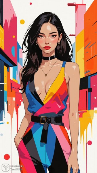 Яркий образ: стильный комбинезон и современная мода в городском стиле. Картинка из нейронной сети Flux Ai