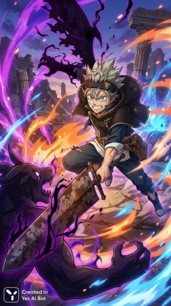 Решимость в бою: Аста на магическом поле сражений против могучего врага. Картинка из нейронной сети Nano-Banana