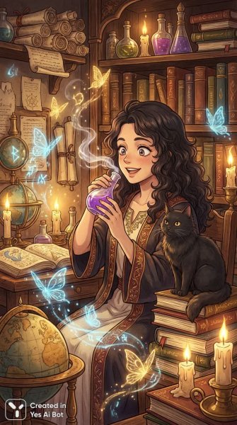 Вероника и черный кот в библиотеке волшебных заклинаний: таинство и очарование магии. Генерация из нейросети Nano-Banana