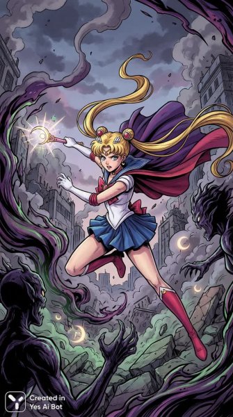 Лунный воин против сил тьмы: битва за город и надежду. Генерация из нейронной сети Нано Банана