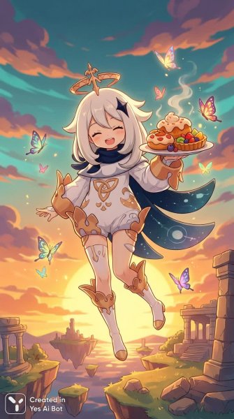 Улыбчивая Паймон наслаждается вкусной едой на фоне заката в Тейвате. Картинка из нейросети NanoBanana